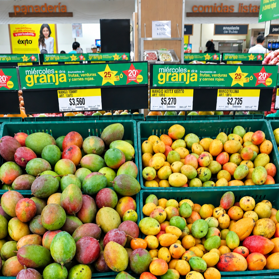 Colorful Colombian mangoes displayed in green crates at a local supermarket.