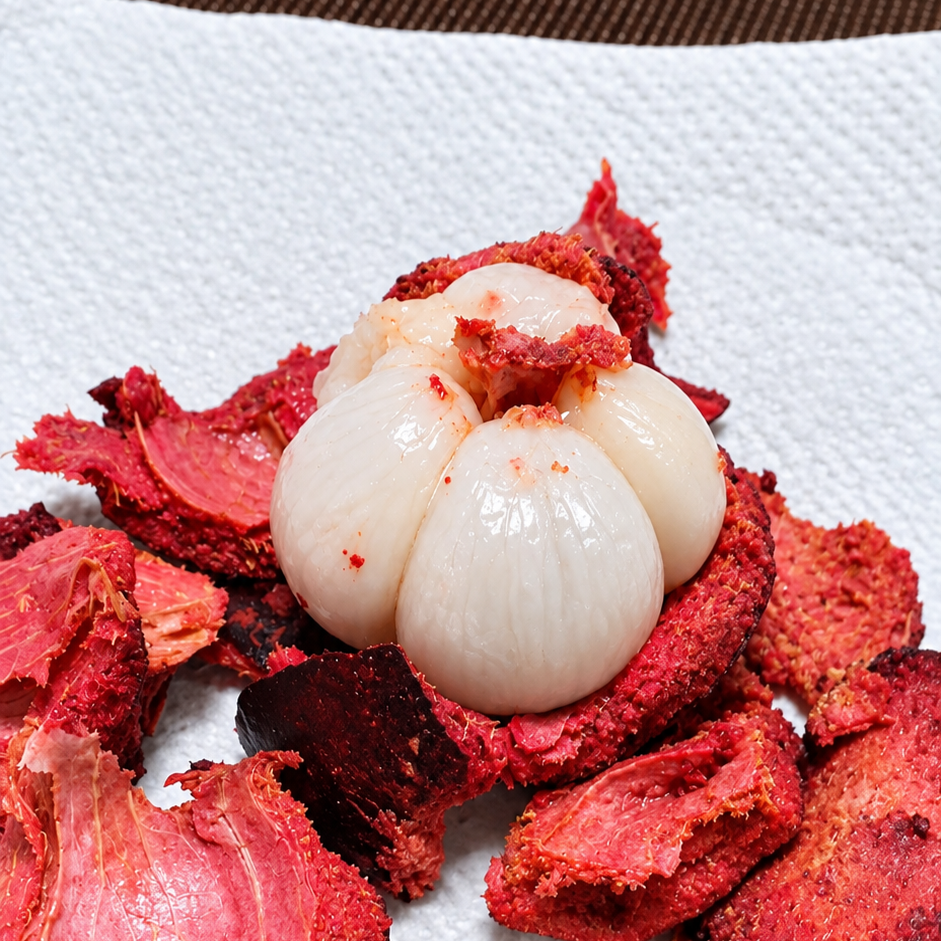 A close-up shot of a peeled mangosteen fruit, showing the soft, white, segmented segments inside. The fruit is surrounded by pieces of its thick, deep red-purple rind, all resting on a white paper towel
