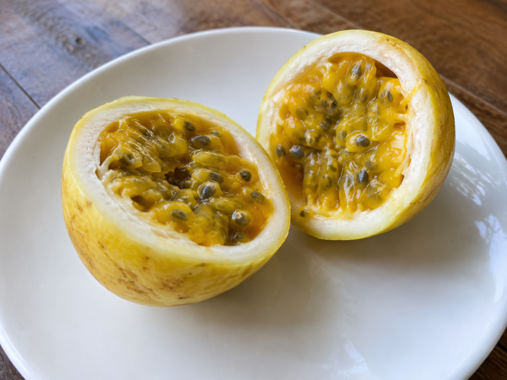 Two halves of a ripe yellow maracuyá (passion fruit) on a white plate, showing its juicy pulp and black seeds.